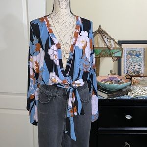 Free People Tie Front Faux Wrap Blouse